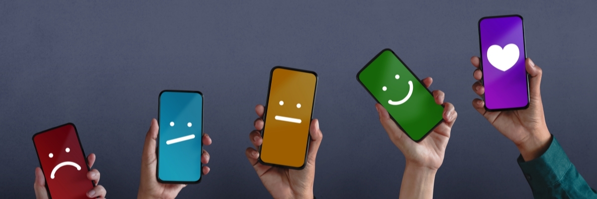 tevredenheid van niet blij naar blij op telefoons